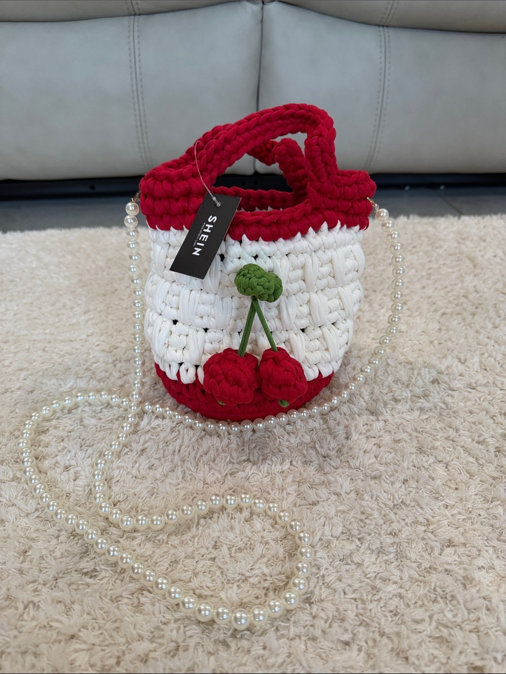 SHEIN Red, White & Green Crocheted Cherry Mini Bucket Bag